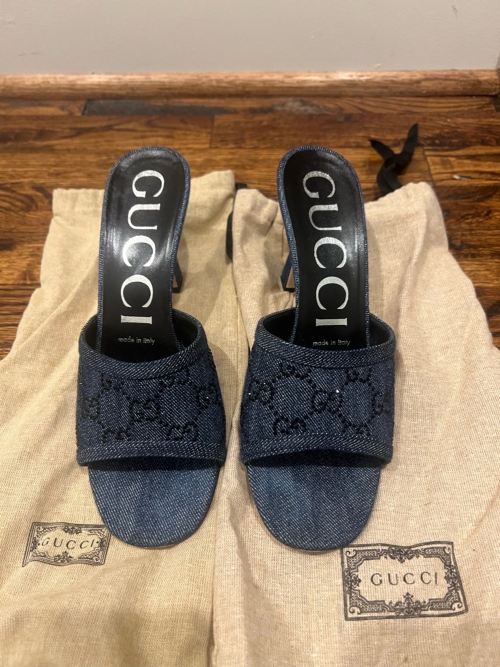 Gucci Denim Slide Mules in Dark Blue with Embroidered GG